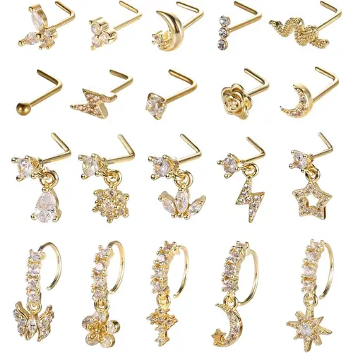 MILAKA Women's 20-Piece Nose Jewelry Set - Glamorous Cubic Zirconia Graphic Studs, Dangle Noserings, Gold & Silver Plated Stainless Steel Lightweight Accessories for Women (Birthday Gift Kit),sohochic
