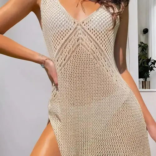 Women's Plain Hollow Out Split Thigh Tie Back Sheer Tank Dress, Summer Clothes, Casual V Neck Sleeveless Cover Up Dress for Summer, Ladies Clothes for Beach Holiday, Beachwear Cover Up, Crochet Cover Up, Sheer Cover Ups