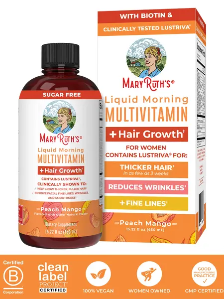 MaryRuth's Liquid Multivitamin + Hair Growth - Clinically Tested Lustriva for Thicker Hair in Women - Improve Facial Wrinkles - Vegan - 15.22 Fl Oz