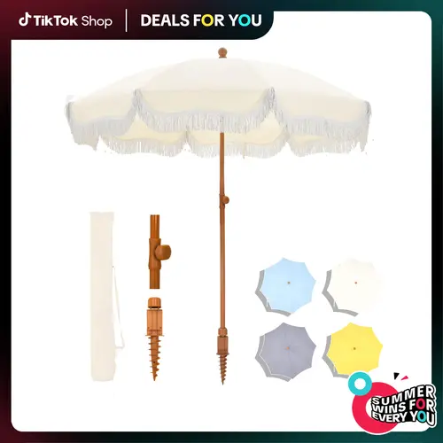 PHIVILLA 7ft Patio Beach Umbrella with Fringe, UPF 50+ Canopy, 8 High Wind Proof Fiberglass Ribs, Fully Assembled, Carry Bag Available Outdoor Aesthetic Round,TikTokShopBackToSchool