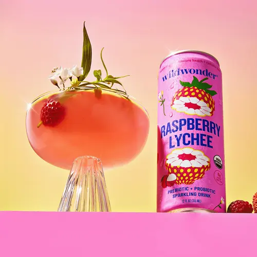 wildwonder Sparkling Probiotic Beverage - Raspberry Lychee, 5g Prebiotic Fiber, Live Probiotics, Organic, Vegan, Low Sugar, 12oz Can, Gut Health & Immune Support, Kombucha-Like Sip, Light Fruity Spritz, Prebiotic + Probio, Fresh Herb Brewing