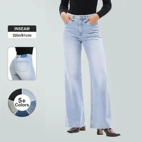 Joy BlueMoment Stretchy BBL Jeans High Waist Wide Leg Denim Pants Raw Hem Tummy Control Butt Lifting Jeans with Pockets Baggy Curve Hugging Fall Fashion 8101