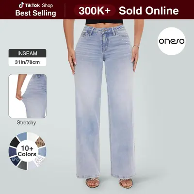 Magic ONESO Mid-low Rise Baggy Jeans Stretchy Wide Leg for Women Distressed Pants Womenswear Bottom 8001 Lady Basic Minimalist Comfortable Denim Tummy Control Curve Hugging Plus Size Regular Size BBL Fall Fashion Daily Outfits