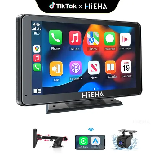 HiEHA 2026 Newest 7in 1024×600 IPS Touchscreen Portable Carplay Car Video Player, Wireless Carplay & Android Auto Support, Mirror Link, GPS Navigation, Bluetooth 5.2 Call, Backup Camera, AUX, FM Transmitter, Cars Accessories, Auto Accessories