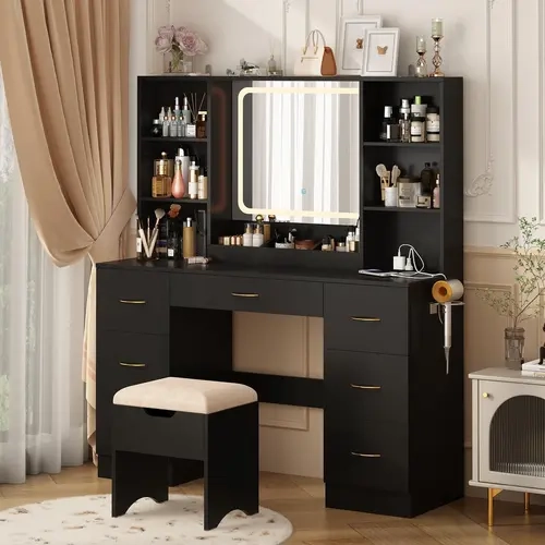 Blake 47" White LED Lighted Vanity Desk with Mirror, 3 Lighting Modes, Stool, Drawers, Power Outlet, Safety Features, Charging Station, Tabletop & Hair Dryer Rack – Luxury Gift for Women