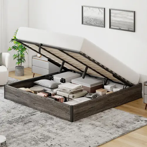 AMERLIFE Gas Lift-Up Storage Platform Bed Frame - Industrial Rustic Bedroom Furniture, Heavy-Duty Metal Frame with Wooden Slat Support & Anti-Slip Base, No Box Spring Needed, Large Storage, Noise-Free, Easy Setup, Durable, Furniture Bedroom Gift Idea #Soh