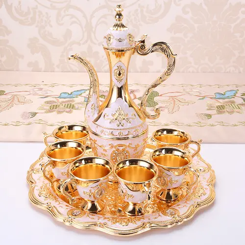 CNCEST 8.45oz Zinc Alloy Antique Die-Cast Gold Miniature Gourmet Tea Set - Small Dragon Handle Pot, 6 Tiny Cups, Press-Open Anti-Break Lid, Floral Motif, Serving Use, Wedding Gift (Gift Box Included), Gold Tea Sets, Boxed Assortment Tea Sets