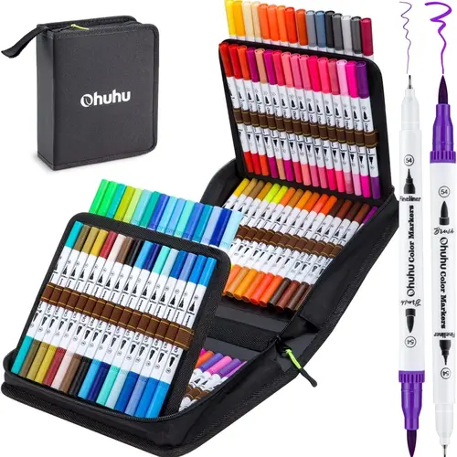 Ohuhu Markers: Brush & Fineliner - 100 Colors - Dual Brush Fine Tip Drawing Pens Water-Based Coloring Markers for Calligraphy Bullet Journal with Carrying Case - Black / White - Maui Series of Ohuhu, Diy Art, Watercolor Art, Art Pen Set