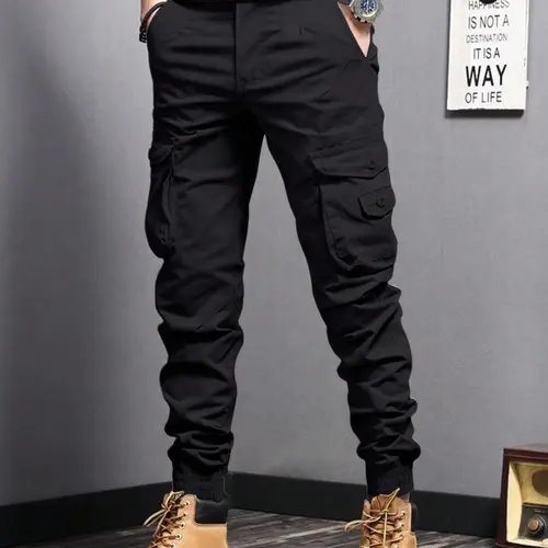 Men's Plain Button Pocket Cargo Pants, Regular Fit Street Fashion Casual Cargo Style Drawstring Waist Jogger Pants For Daily Wear, Woven Bottoms For All Seasons, Drawstring Trousers