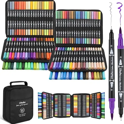Ohuhu Markers: Fineliner & Brush - 160 Colors - Water-based Dual Tips No Bleeding Coloring Markers for Kids Adults Beginners Drawing Pens for Journaling Lettering - Black - Maui Series of Ohuhu