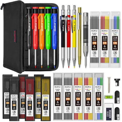 Nicpro Carpenter Pencil Set with Sharpener, Mechanical Carpenter Pencils with Refills and Carbide Scribe Tool, Heavy Duty Construction Pencils for Architect Woodworking-with Canvas Case