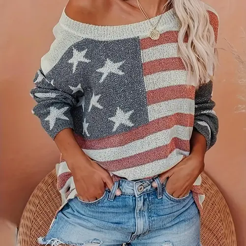 Women's Flag Print Drop Shoulder Crew Neck Knit Top, Casual Long Sleeve Round Neck Knitwear for Spring & Fall, Fashion Ladies' Knit Clothing for Daily Wear, Fit