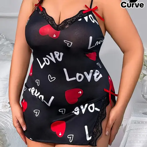Plus Size Women's Heart & Letter Print Contrast Lace Bow Decor Spaghetti Strap Sleeveless Nightdress, Split Thigh Cami Printed Nightgown, Sleepwear & Homewear for Summer, Sleepwear Loungewear, Sleepwear Homewear Clothes