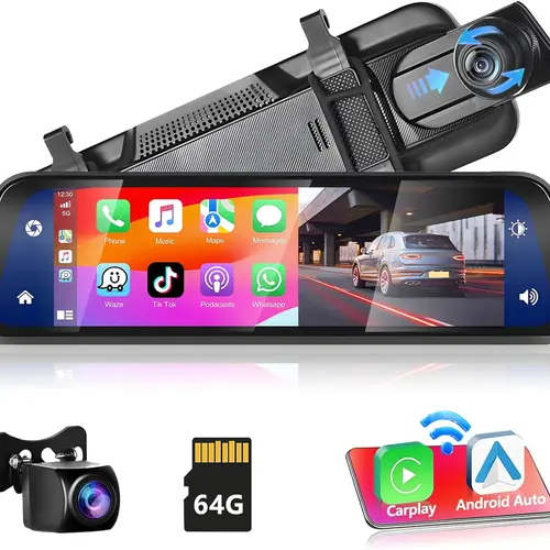 9.66in IPS Touchscreen Wireless Carplay Android Auto Dual Camera Dash Cam (Front & Rear View) with 64G Card, Loop Recording, Voice Control, FM/AUX, 24H Parking Monitor, Vehicle Car Electronics Accessories,toolupgrade