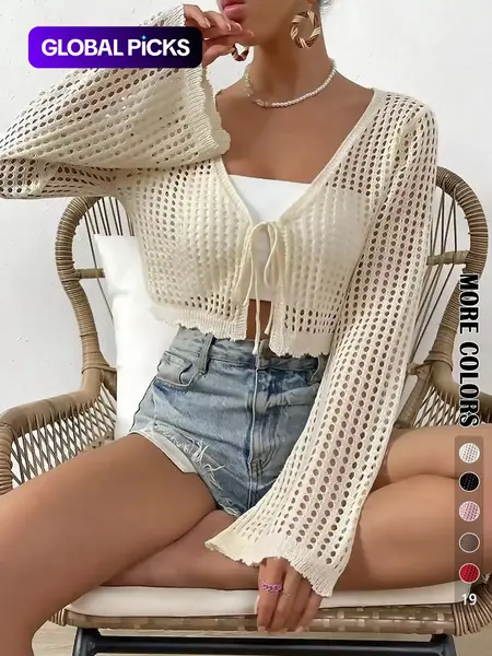 Women's Plain Hollow Out Tie Front Crop Cardigan, Casual Feminine Flounce V Neck Cover-Up Knitwear Fit for Spring, Summer & Fall, Women's Knit Clothing Tops for Daily Wear Adjustable