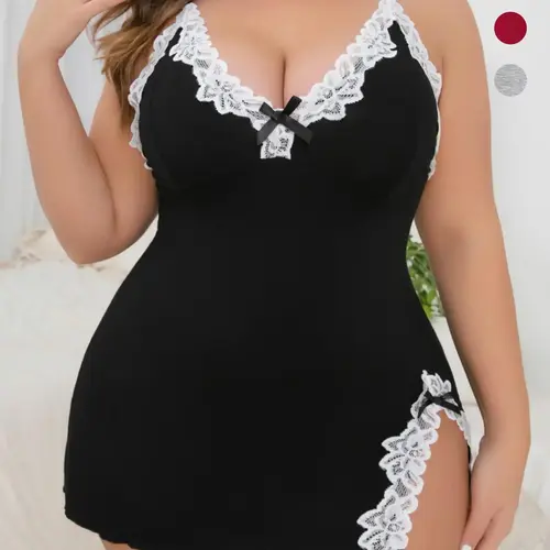 Women's Plus Size Fitted Elegant Nightdress, Soft Modal Fabric, V-Neck Nightwear for All Seasons, Lace Split Detail, Loungewear with Adjustable Straps, Lace Sleepwear