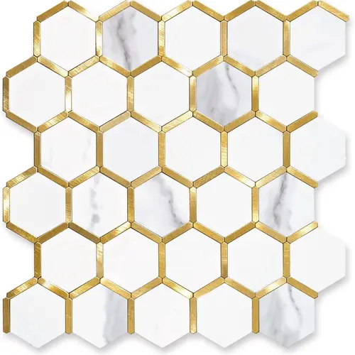 STICKGOO 10Pcs Water Proof Hexagon Peel and Stick Backsplash, Wall Decor Decorations Supplies Stick on Backsplash for Kitchen/Bathroom - White Marble