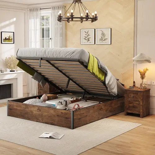 AMERLIFE Lift Up Storage Bed, Full Bed Frame with Storage Underneath, Wooden Platform Bed Frame, Solid Wood Slats Support, No Fixed Headboard Furniture Home/Best Gift Ideas/Christmas Gifts[tiktokshopbacktoschool][SohoChic]
