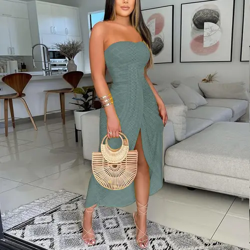 CHICME Women Strapless Ruched High Waist Wrap Split Asymmetrical Beach Maxi Wedding Guest Dress/sundress