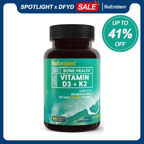 BioEmblem Vitamin D3 K2 Supplement, 5000 IU D3 with Dual K2 Complex, MK-4 & MenaQ7 MK-7, Bone & Immune Support, 1/2/3 Pack, Dietary, Selfcare, Unflavored, 90 Capsules