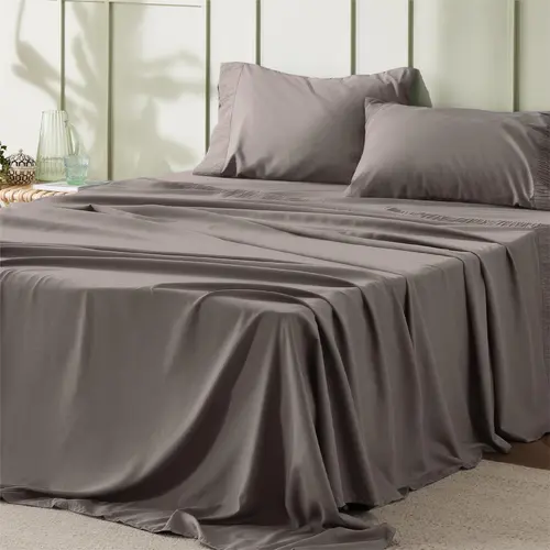 【FallPickDeals】Bedsure 4-Piece Solid Color Silky Sheets Set - Breathable Soft 14" Deep Pocket, Machine Washable Ease, Durable Polyester Microfiber, Cal King Bedsheet Sets, Hotel Luxury Bedding
