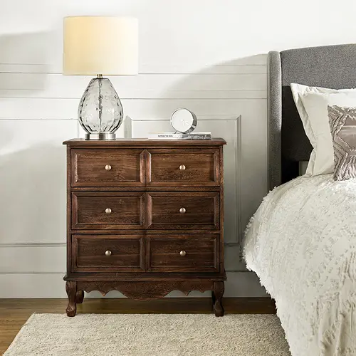 【Fall Pick】Hulala Galatea 30'' Tall Nightstand 3-Drawer Farmhouse Cabinet/End Table with Built-in Power Strip, Faux Six-Drawer, Solid Wood Legs & Adjustable Feet, Accent Storage Cabinet, Room Decor