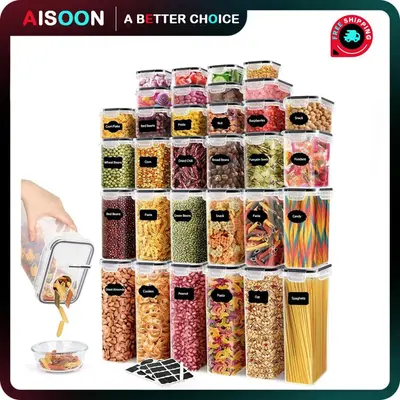 AISOON 68 PCS Airtight Plastic Kitchen Canisters Set - BPA-Free Silicone-Sealed Pantry Storage, Dishwasher-Safe Kitchen Gadgets, Includes Labels & Spoon, Cereal/Flour Dispensers, Non-Porous Transparent Spice Organization Jars