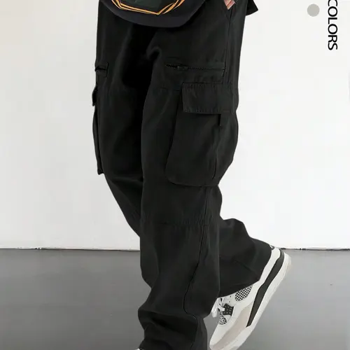 Men's Plain Drawstring Waist Casual Cargo Pants, Loose Street Fashion Zipper Casual Slant Pocket Trousers, Pants for Men, Summer Work Outfits, Men's Bottoms, Casual Streetwear Trousers, Adjustable Waist Pants