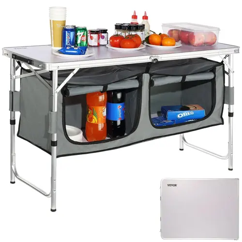 VEVOR Camping Kitchen Table, TikTokShopBlackFriday, Quick set-up Folding Camping Table, 3 Adjustable Heights, MDF Camping Table, Ideal for Outdoor Picnics, BBQs, Camping, RV Traveling VEVOR Super Brand Day, Outdoor Cooking Station, Lightweight Outdoor Tab