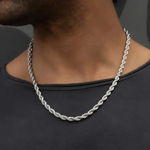 GLD 6mm Rope Chain Necklace in 14k White Gold Plated | 16-30" Length, Intricate Interwoven Pattern, Guaranteed for Life