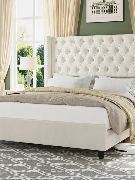 AMERLIFE Modern Bed Frame, Velvet Upholstered Platform Bed with 51.6" Tall Wingback Headboard, Deep Button Tufted, No Box Spring Needed/Sturdy Structure Design/Luxury Furniture Design/Queen/King Size/Christmas Gifts[tiktokshopbacktoschool][SohoChic]