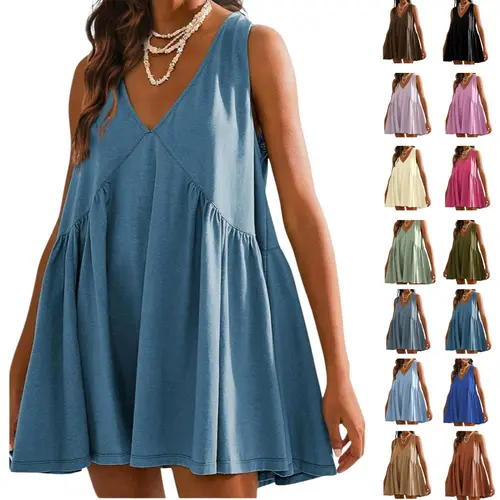 Yeokou Women's Basic Boho V-Neck Sleeveless A-Line Swing Mini Sundress - Cute Clothes, Popular Clothes, Festival Wear, Flowy with Pockets for Summer Casual Wear