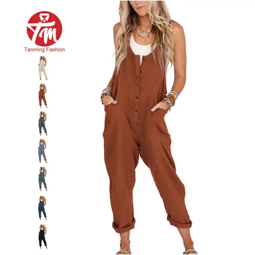 Tanming Women's Linen Cotton Harem Overalls, Casual Sleeveless Loose Fit Summer Jumpsuit in Rust with Pockets & Adjustable Straps, Rompers For Women, Women's Clothes