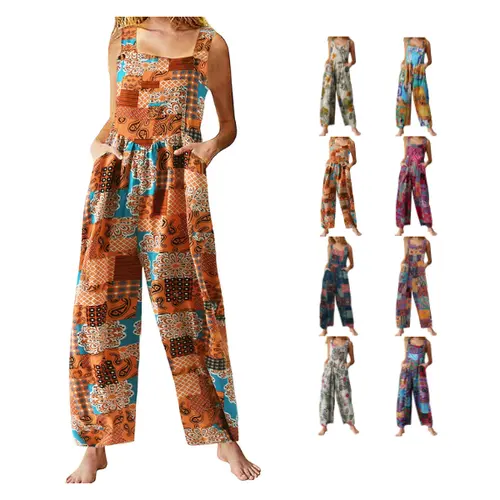Yeokou Strappy Women's Patchwork Dual-Pocket Loose Floral Print Boho Wide-Leg Bib Overalls, Boho Outfits, Women's Clothes,sohochic