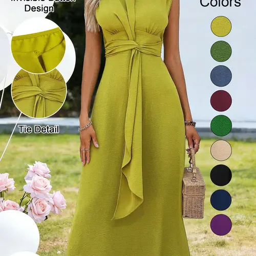 Women's Sleeveless Round Neck Plain Midi Dress, Elegant Fitted Twist Design, Waist-Cinch A-Line Style Elegance, Perfect for Daily Casual Office Wear
