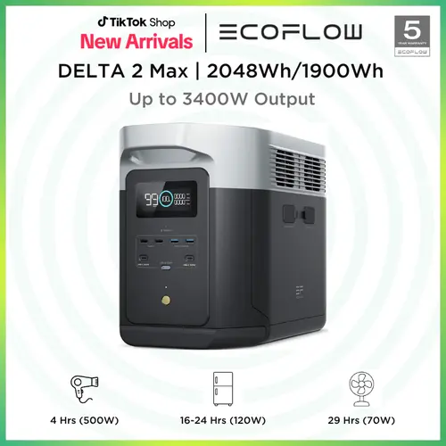 DELTA 2 Max 1900 / 2048Wh, 2400W, EcoFlow Portable Power Station, LFP battery, Solar Generator, Full Charge in 1 Hr, Solar Powered Generator for Home Backup