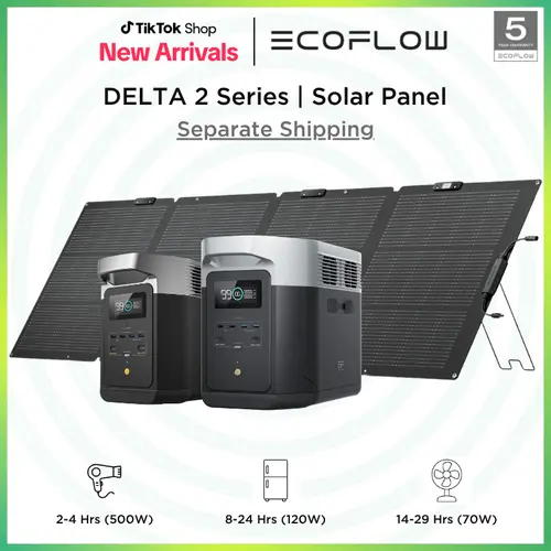 【Separate Shipping】ECOFLOW DELTA2 series with 220W Solar Panel, LFP (LiFePO4) Battery, Fast Charging, Portable Power Station for Home Backup Power