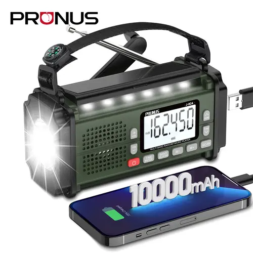 PRUNUS J-924 Multifunctional Portable Rechargeable Emergency Radio, 10000mAh/37000mWh, Hand Crank-Solar-AAA Battery Powered, NOAA Weather AM/FM/SW Radio, USB Charging Power Bank, Torch, Reading Light, SOS Alarm, Compass for Camping, Multifunctional Radio