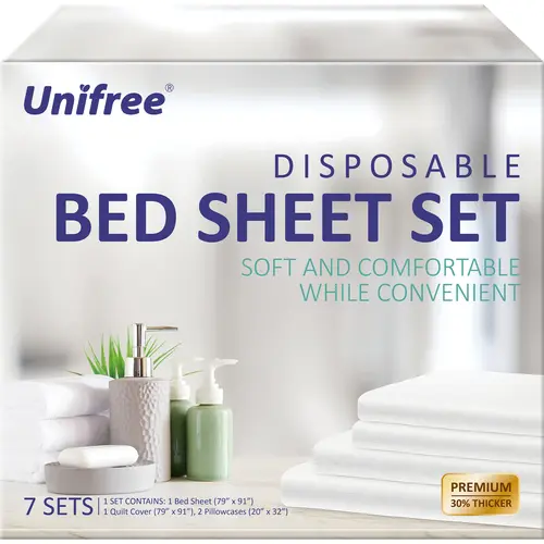 Unifree 7 Sets Disposable Bedsheet Sets, Hygienic Pack Lightweight Easy-to-Carry Moisture-Wicking Travel Bedding, 79"×91" Full Bed Sheet & Quilt Cover, 2 Pcs 20"×32" Pillowcases for Hotel, Back to School, sohochic