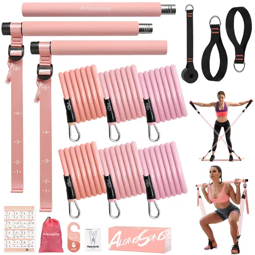 ALongSong Strong Pilates Bar Kit - 3-Section Foam Bar, Resistance Bands, Adjustable Ankle Straps, Door Anchor, Functional Compact Carry Bag - Portable Home Workout Set for Body Transformation, Coral Pink & Blue