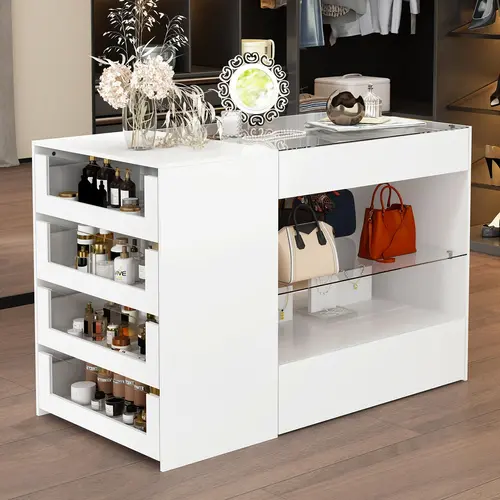 FUFU&GAGA Modern Wood Bedroom Wardrobe Closet Island with Glass Tabletop, Regular Door, 47.2in(W)x23.6in(H), Minimalist Storage & Display Furniture - Assembly Required