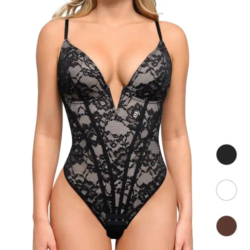 Popilush Plunging V-Neck Lace Corset Shapewear Bodysuit Womenswear Bra -Creator Live