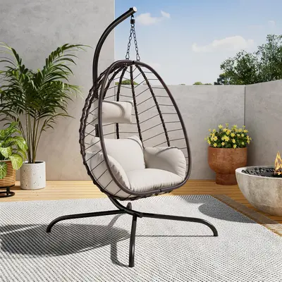 Wicker Rattan Egg Swing Chair with Stand, Patio Furniture, 485lbs Capacity Strong Frame & Cushions, Outdoor Patio/Backyard Balcony Rocking Chair, Indoor-Outdoor Armchair for Bedroom, Outdoor Patio Furniture