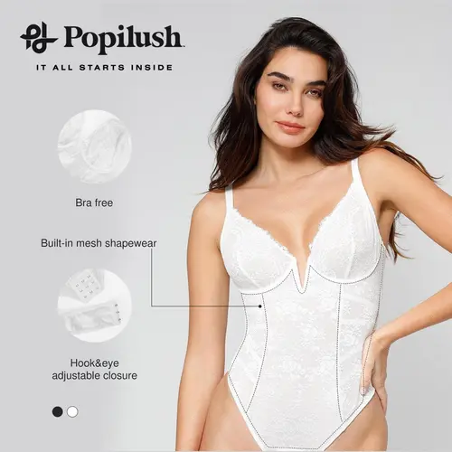 PL POPILUSH Popilush The Shapewear Bodysuit Deep V-Neck Lace Low-Back Bodysuits Comfort Womenswear Basic Vneck Skinny Minimalist Tops Sleeveless