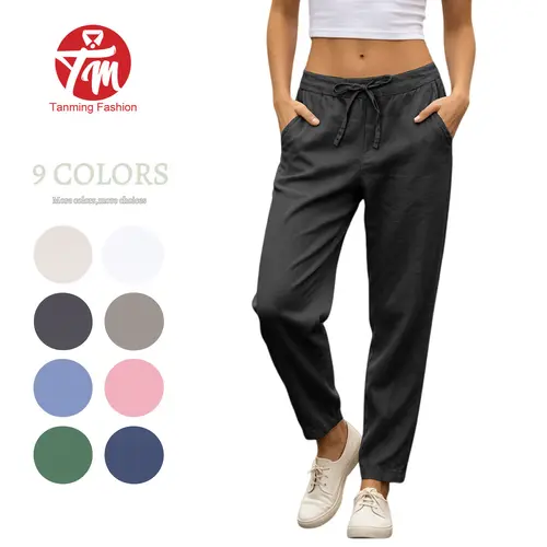 Tanming Women's Linen Pants - Lady's Fitted High-Waisted Drawstring Beach Trousers, Elastic Waist Tapered Bottoms, Basic Style Cotton-Linen Blend Women's Clothes for Casual Wear,summerwins,summeroutfits,vacationoutfits,beachoutfits