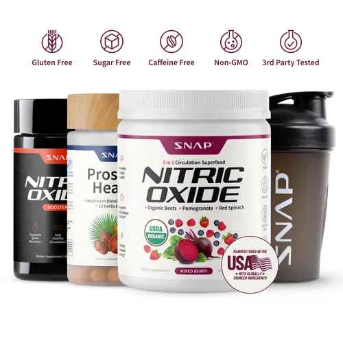 Snap Supplements - Berry Flavor Nitric Oxide Beets + Nitric Oxide Booster 60ct + Prostate Health With FREE Shaker (14oz) - Natural Supplements