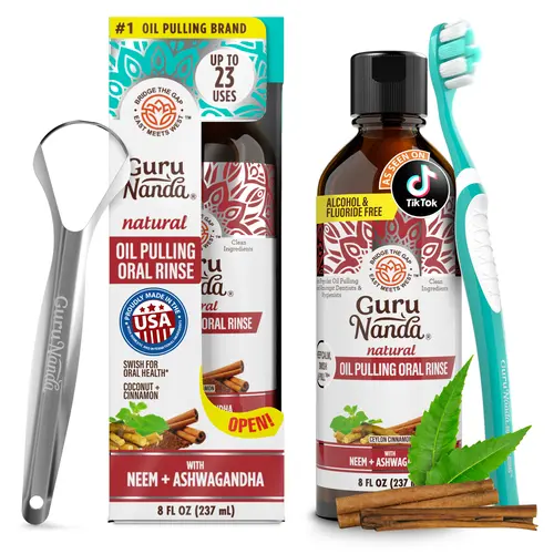 GuruNanda Cinnamon & Coconut Oil Pulling with Neem & Ashwagandha, Promotes Fresh Breath & Calmness, Alcohol-Free, 8 fl oz