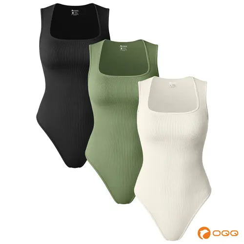 OQQfitness Womenswear Three-Piece Ribbed Square Neck Tank Bodysuit with Fitted Design, 90% Nylon 10% Spandex, Comfortable and Stylish for All Seasons,summerwins,summeroutfits,vacationoutfits,beachoutfits