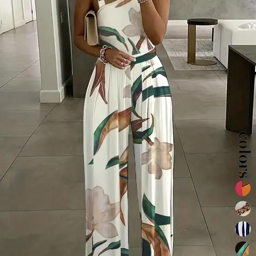 Women's Floral Print Ring Linked Asymmetrical Neck Sleeveless Plicated Slim Fit Jumpsuit, Boho Casual High Waist Wide Leg Jumpsuit for Summer Overalls Jumpsuit