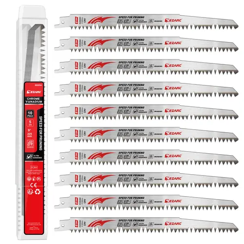 EZARC 9-Inch Wood Pruning Reciprocating Saw Blades (10-Count) - Fleam Ground Hardened Teeth Resist Wear in Use, Deep Gullet Power, Long Life Tool for Tree Trimming, Wet Cutting, Father's Day Gift, Handles Wood and Plastic